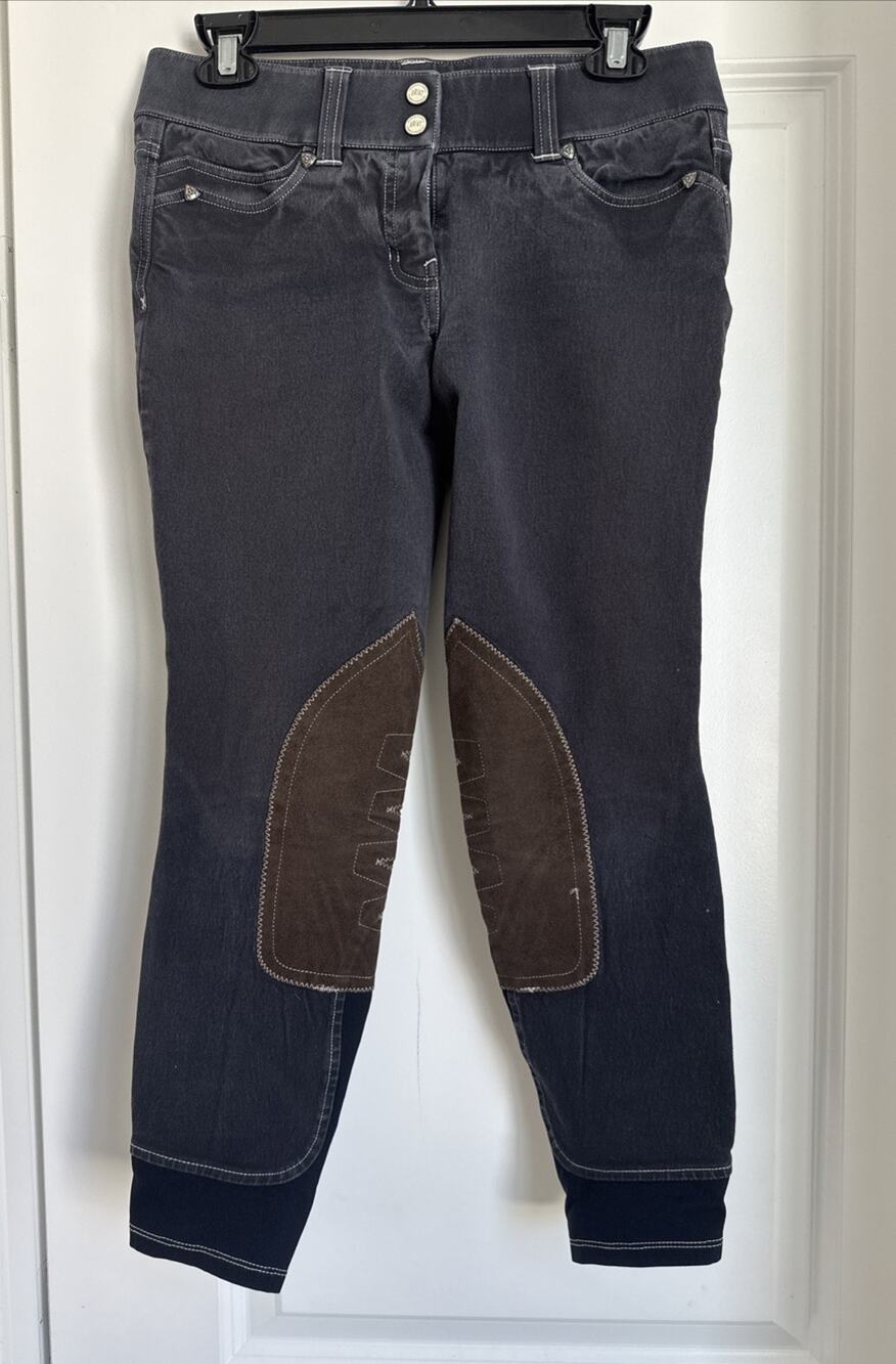 Ariat Heritage Navy Blue Breech Equestrian Pants Brown Knee Patch Size 26R